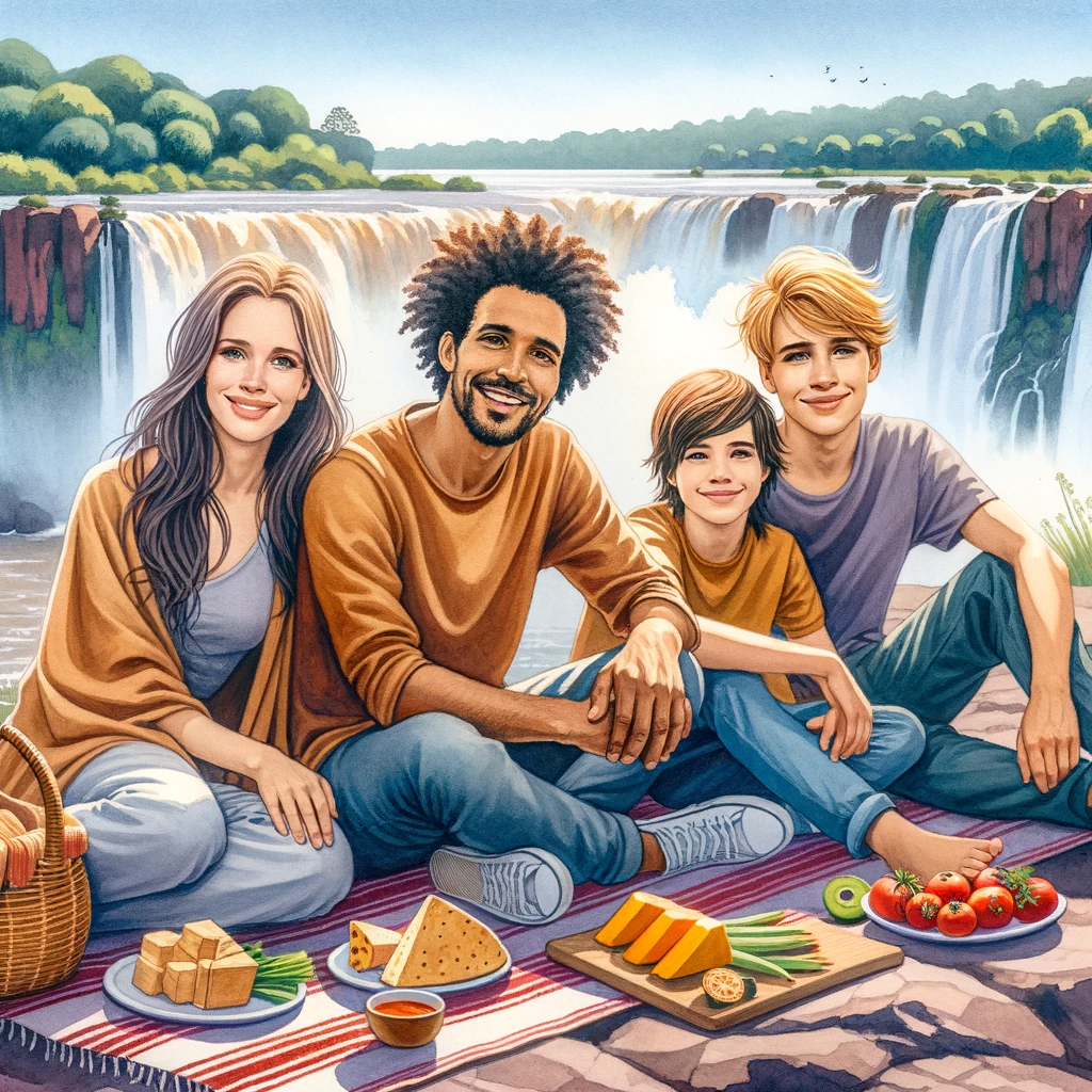 DALL·E 2023 11 01 18.17.12 Watercolor painting of a mixed race family of four a Caucasian mother an African father a teenage girl and a young boy picnicking near the Iguazu 2