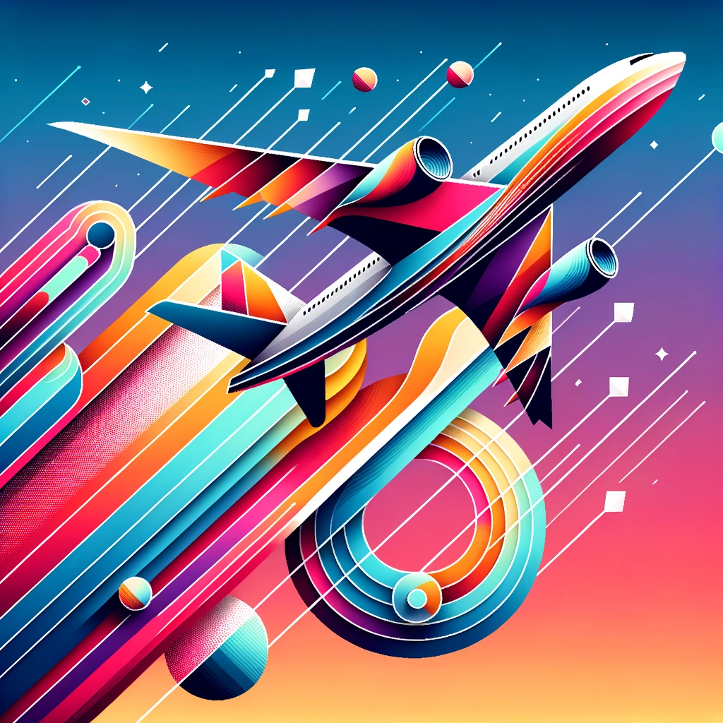 DALL·E 2023 10 23 19.31.37 Vector design of a colorful stylized airplane ascending with geometric patterns and contrails against a gradient sky