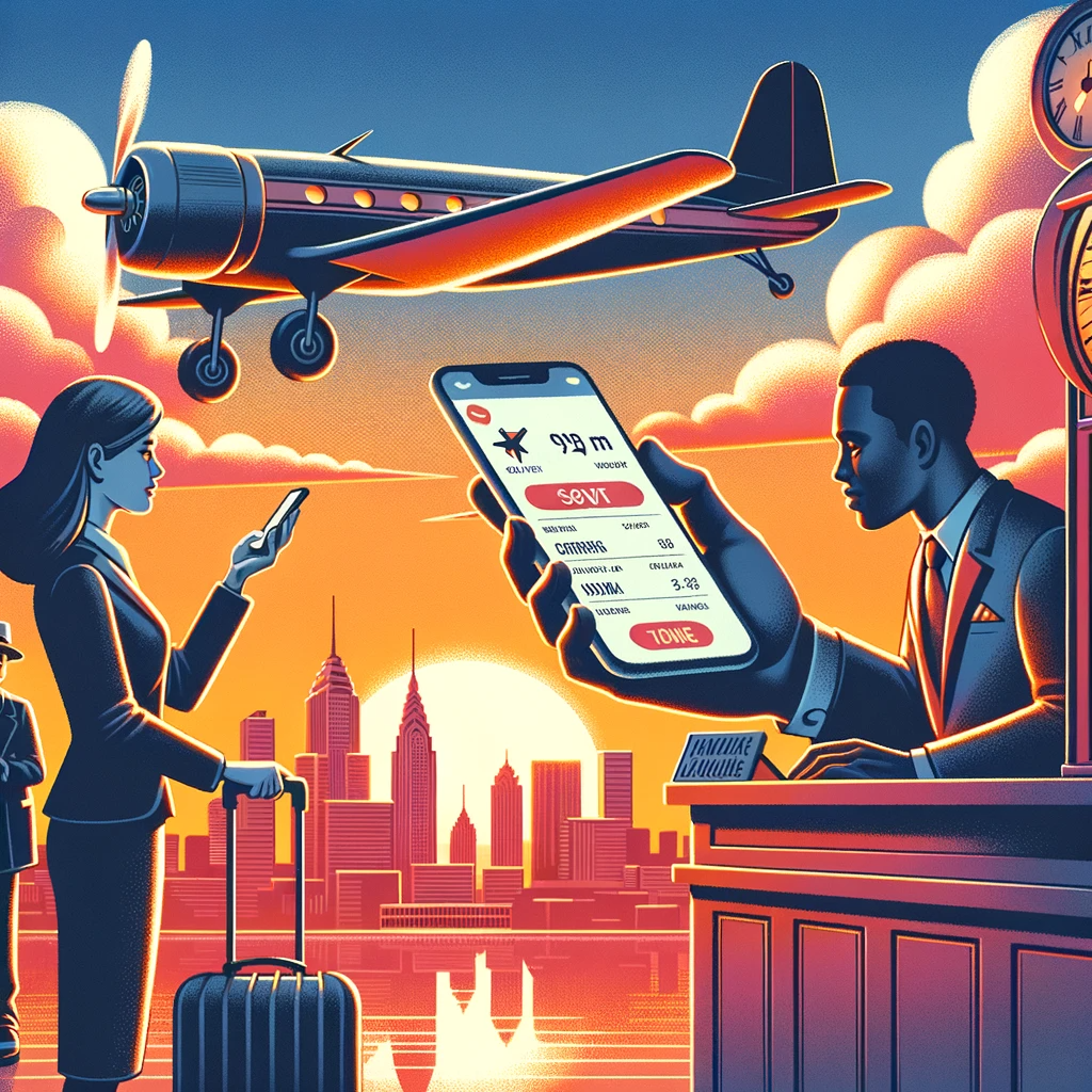 DALL·E 2023 10 27 17.41.10 Illustration of a vintage propeller plane soaring above a city skyline at sunset. Below a woman of Asian descent urgently shows her mobile phone to a 1