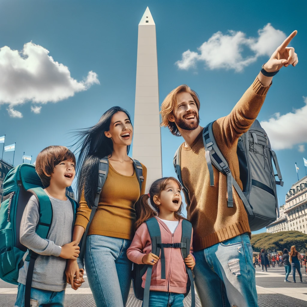 DALL·E 2023 11 01 18.15.42 Photo of a diverse family with two parents and two children carrying backpacks and looking excited standing in front of the iconic Obelisco monument 3