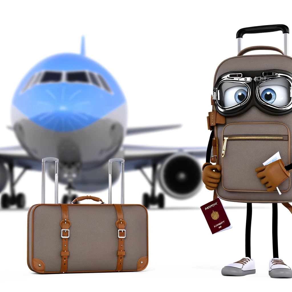 DALL·E 2024 03 18 20.00.20 Imagine a backpack with arms and legs wearing aviator goggles and holding a passport standing next to a hand luggage that also has arms and legs. Bo