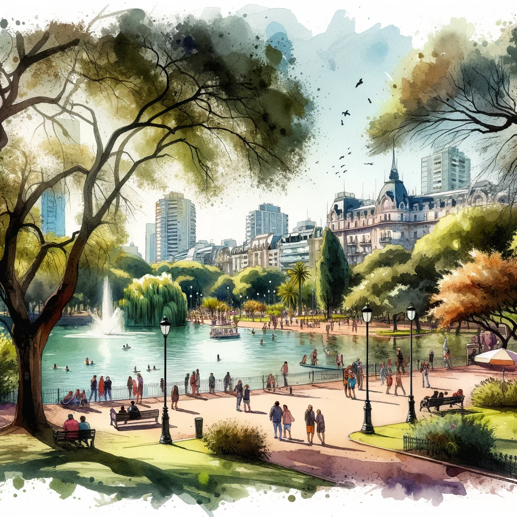 DALL·E 2023 10 23 19.31.18 Watercolor painting of the Parque General San Martin in Mendoza highlighting the lake trees and locals enjoying a sunny day