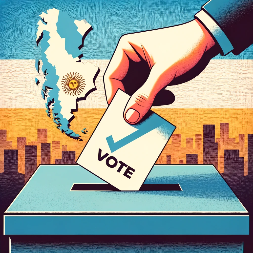 DALL·E 2023 10 24 16.27.02 Illustration of a hand placing a vote into a ballot box with a stylized map of Argentina in the background. The atmosphere is vibrant emphasizing th