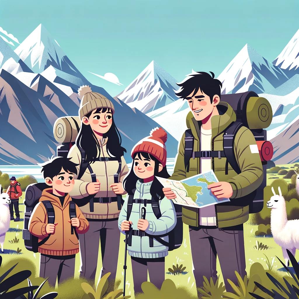 DALL·E 2023 11 01 18.15.44 Illustration of a family of four an Asian mother a Hispanic father a young girl and a boy trekking through the Andes Mountains in Argentina. They 1