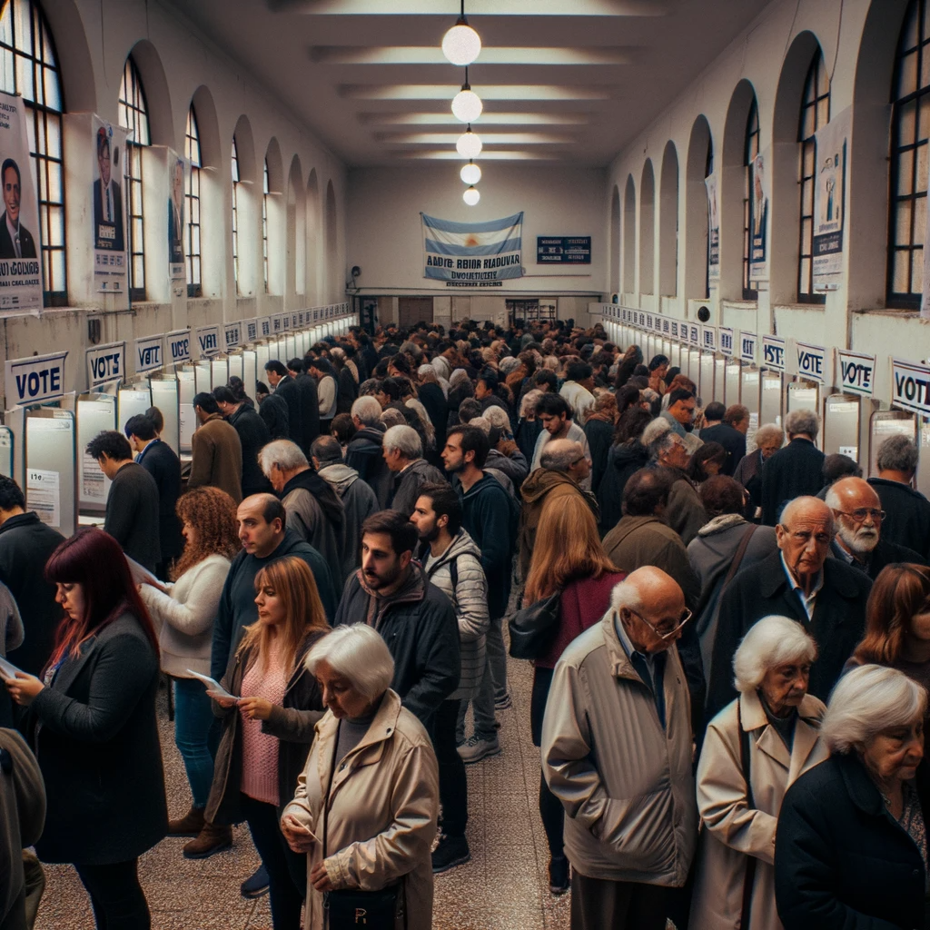 DALL·E 2023 10 24 16.26.59 Photo of a bustling voting station in Argentina with citizens of diverse genders and ethnicities lined up waiting to cast their votes. The walls are