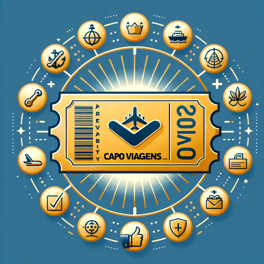 DALL·E 2023 10 26 18.02.14 vector design of a golden ticket with the Capo Viagens logo at the center. Around the ticket are icons representing safety reliability and custome 3