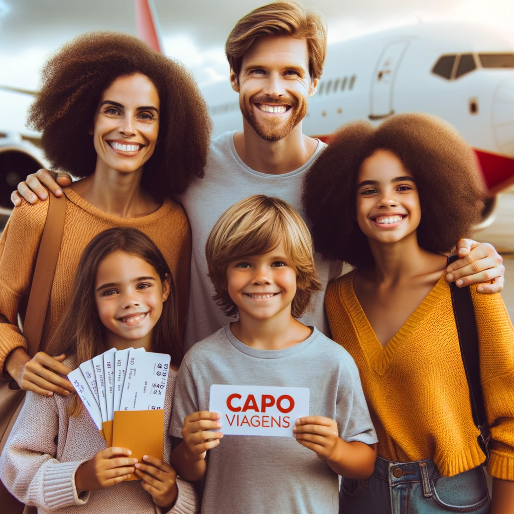 DALL·E 2023 10 26 18.02.37 photo of a happy family diverse in descent holding boarding passes with the Capo Viagens logo on them. They stand in front of an airplane ready t 1