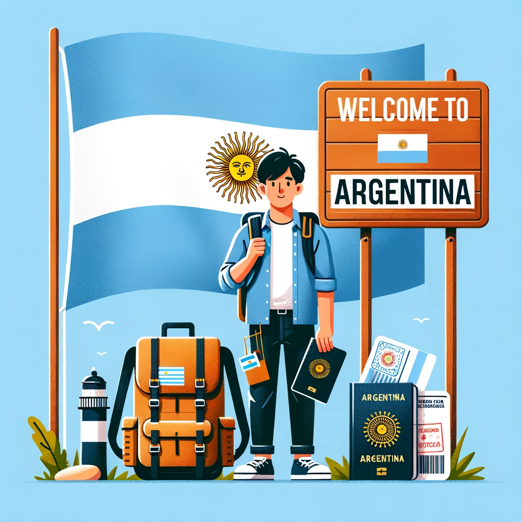 DALL·E 2023 10 31 19.11.41 Illustration of a traveler standing in front of the Argentina flag. The traveler a middle aged Asian man holds a backpack and essential travel docum 1