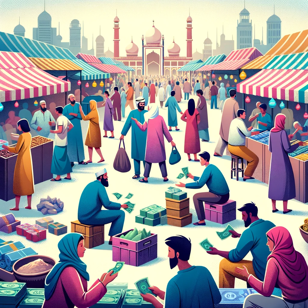 DALL·E 2023 11 02 20.33.50 Illustration of a lively informal market scene with a focus on currency exchange activities. Various people of different descents and genders are depi