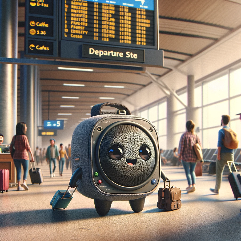 DALL·E 2024 03 22 14.24.38 Imagine a humorous scene where a small portable speaker is at an airport. The speaker has cartoonish eyes and a big friendly smile. Its wearing a t