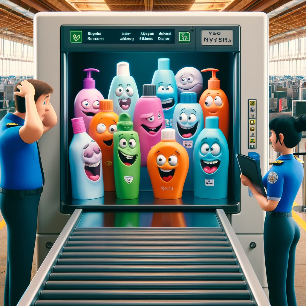 DALL·E 2024 04 08 15.56.25 Imagine a comical scene at an airport security checkpoint. The X ray machines screen displays a variety of colorful shampoo and conditioner bottles