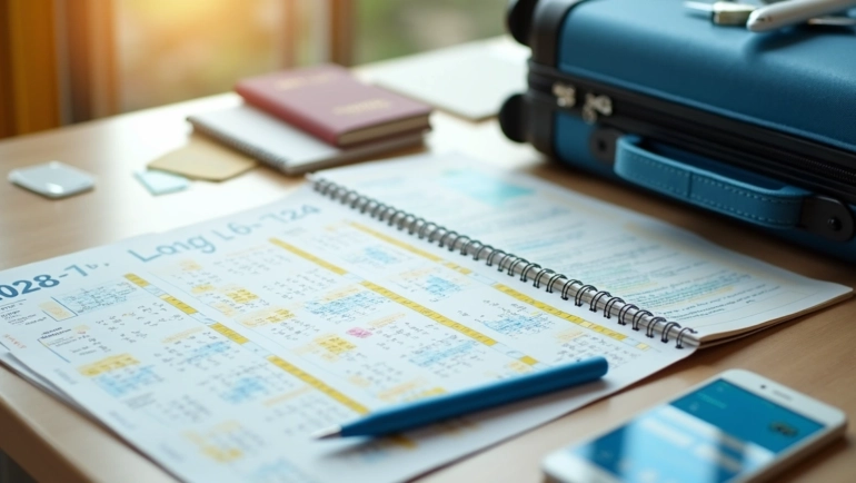 Calendário de 2026 ao lado de mala de viagem e avião em fundo colorido