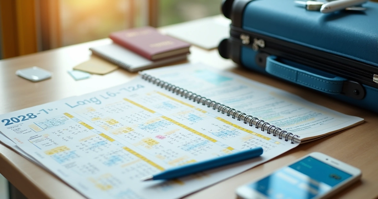 Calendário de 2026 ao lado de mala de viagem e avião em fundo colorido