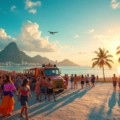 Montagem de destinos de Carnaval no Brasil com blocos de rua, praia e fogos à noite