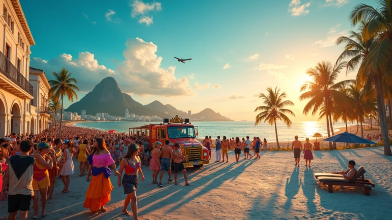 Montagem de destinos de Carnaval no Brasil com blocos de rua, praia e fogos à noite