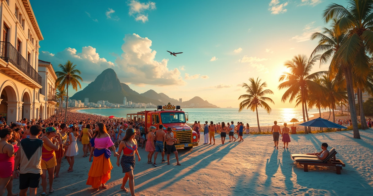 Montagem de destinos de Carnaval no Brasil com blocos de rua, praia e fogos à noite