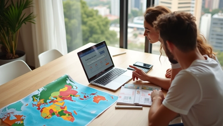 Casal jovem planejando viagem barata de 2026 com mapa e passagens em mesa