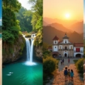Montagem de destinos baratos no Brasil com praia, cachoeira, cidade histórica e trilha