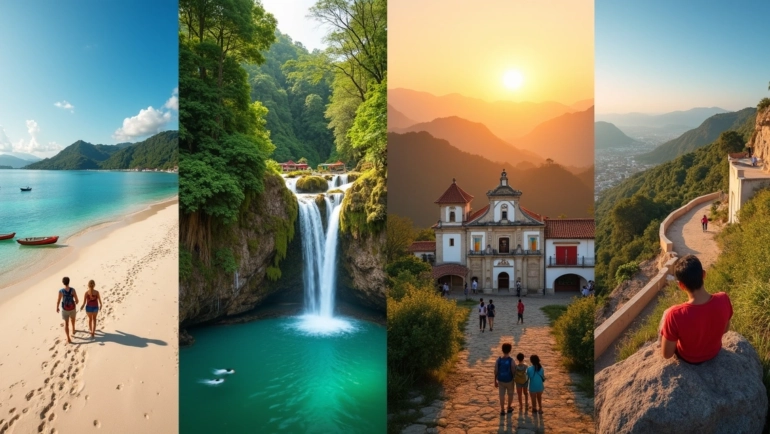 Montagem de destinos baratos no Brasil com praia, cachoeira, cidade histórica e trilha