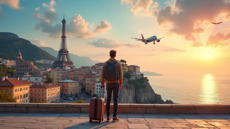 Paisagem com pontos turísticos famosos da Europa e viajante com mala observando ao pôr do sol