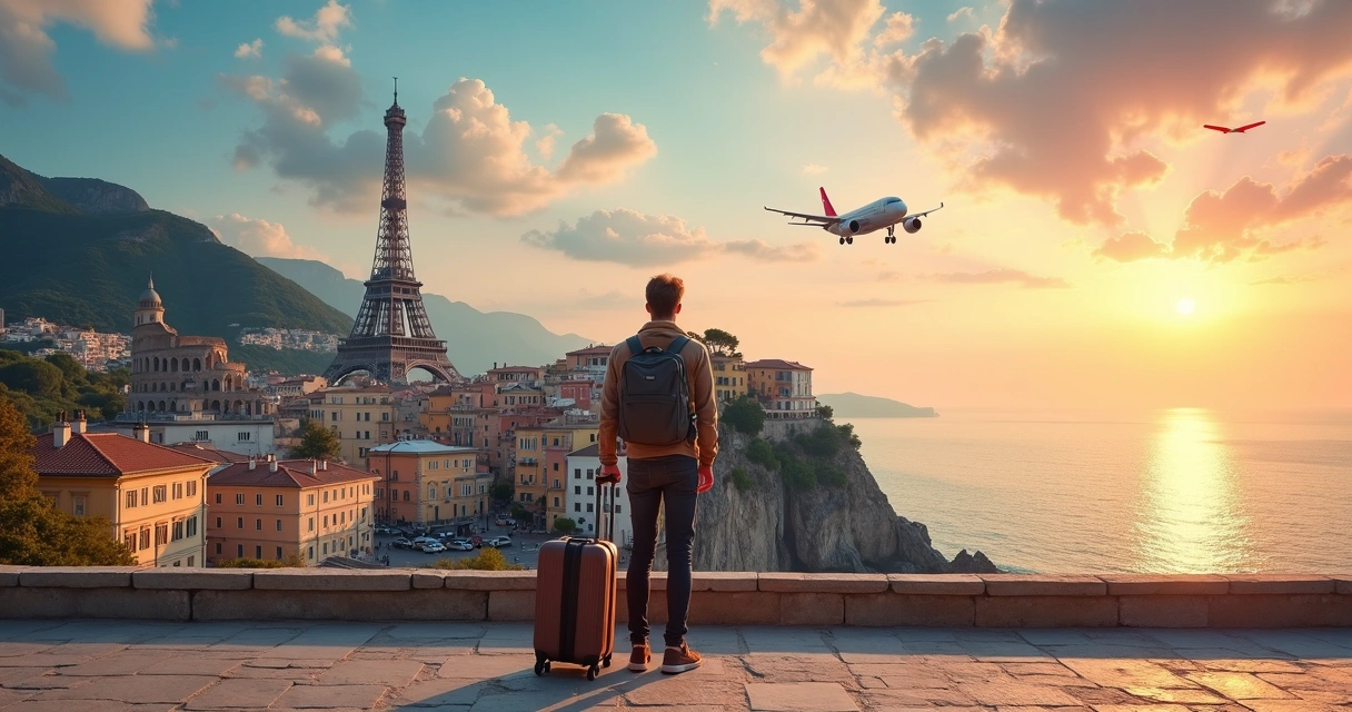 Paisagem com pontos turísticos famosos da Europa e viajante com mala observando ao pôr do sol