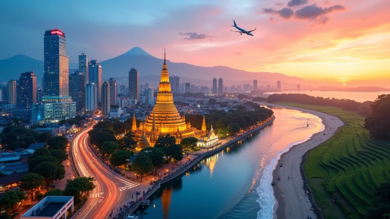 Montagem com templos, arranha-céus e praias representando destinos imperdíveis na Ásia