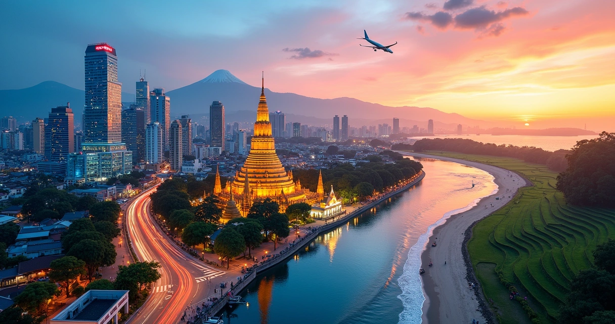 Montagem com templos, arranha-céus e praias representando destinos imperdíveis na Ásia