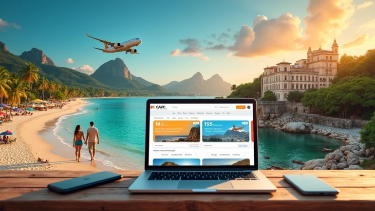 Montagem de destinos turísticos variados ao redor do mundo e do Brasil ao pôr do sol