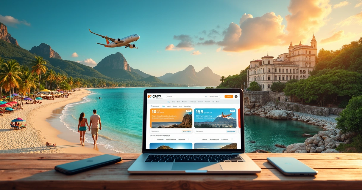 Montagem de destinos turísticos variados ao redor do mundo e do Brasil ao pôr do sol