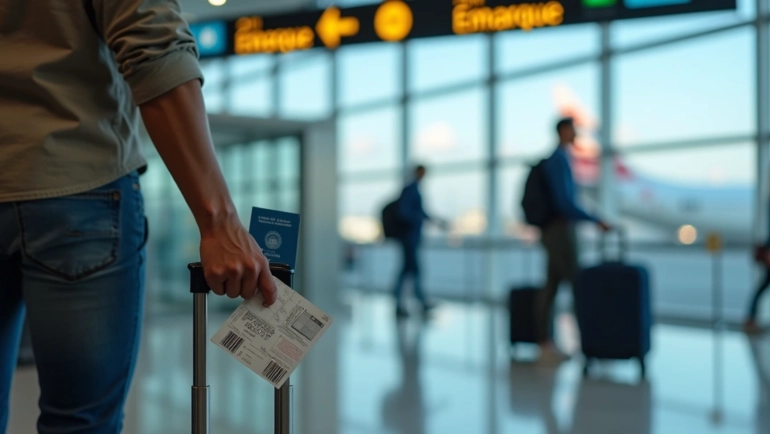 Passageiro segurando documentos de viagem e passaporte na área de embarque de aeroporto