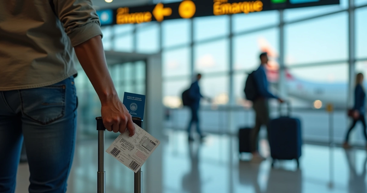 Passageiro segurando documentos de viagem e passaporte na área de embarque de aeroporto