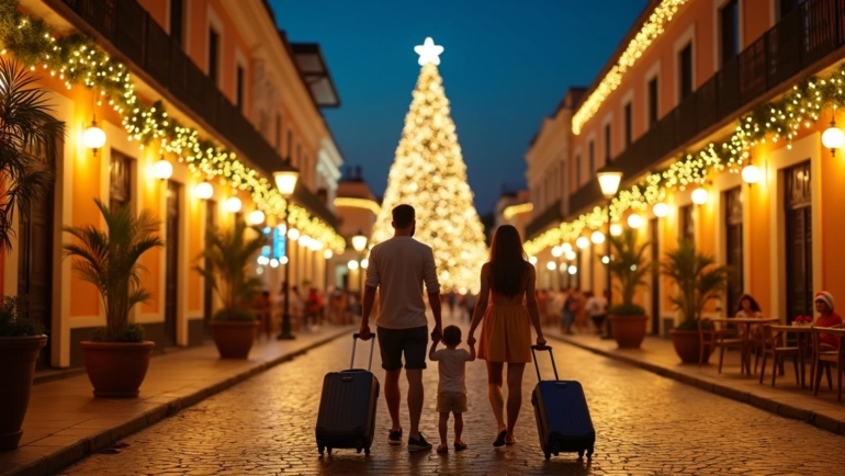 Família caminhando por rua iluminada de Natal em cidade brasileira à noite