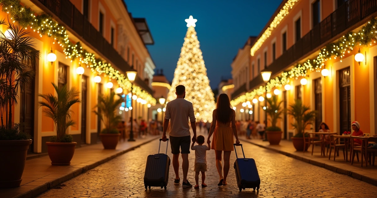 Família caminhando por rua iluminada de Natal em cidade brasileira à noite