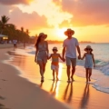 Família caminhando na areia de praia tropical ao pôr do sol