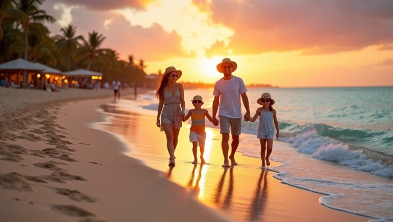 Família caminhando na areia de praia tropical ao pôr do sol