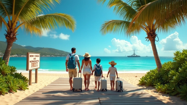 Família brasileira em viagem de férias caminhando em passarela de praia ensolarada