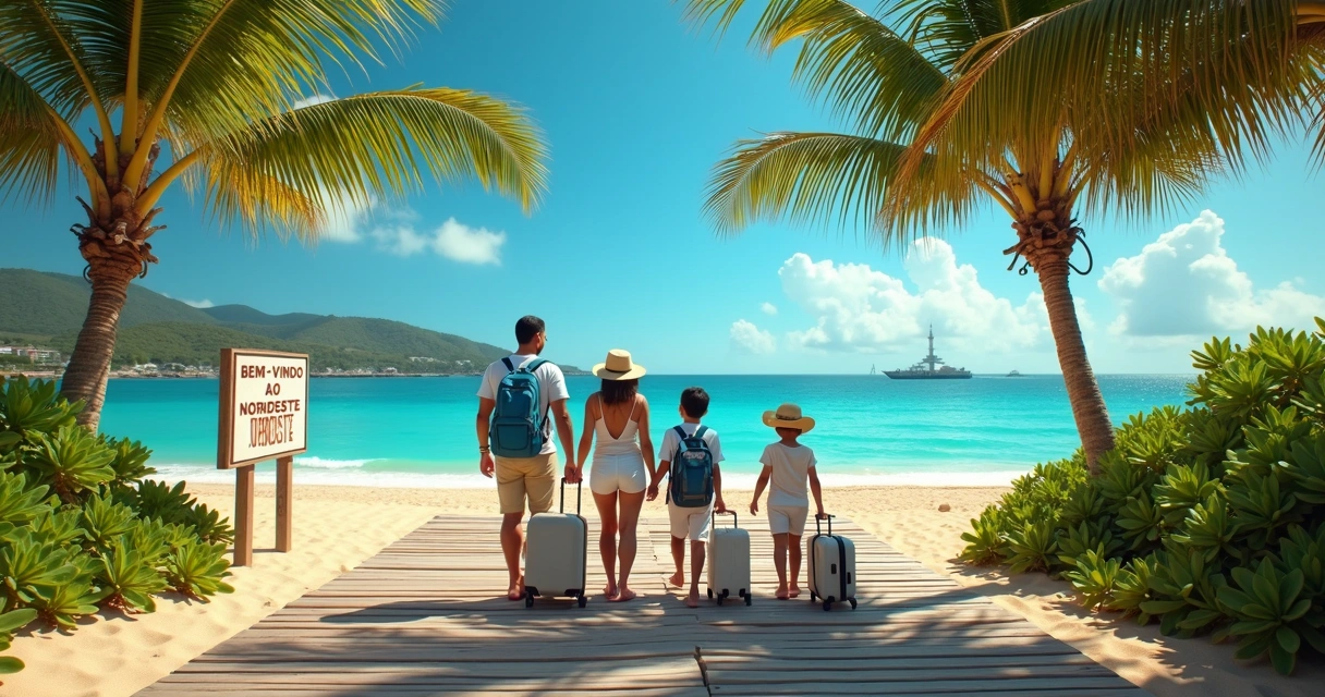 Família brasileira em viagem de férias caminhando em passarela de praia ensolarada