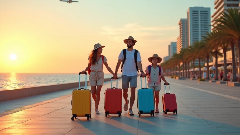 Família com malas caminhando em calçadão de praia ao pôr do sol