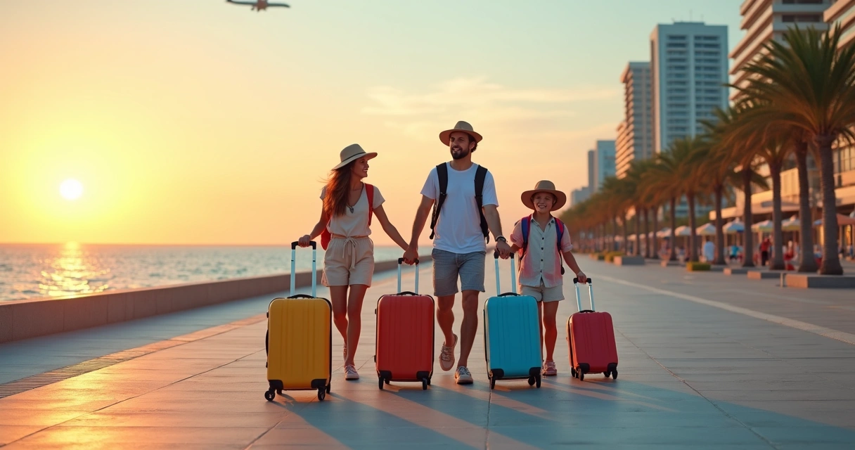 Família com malas caminhando em calçadão de praia ao pôr do sol