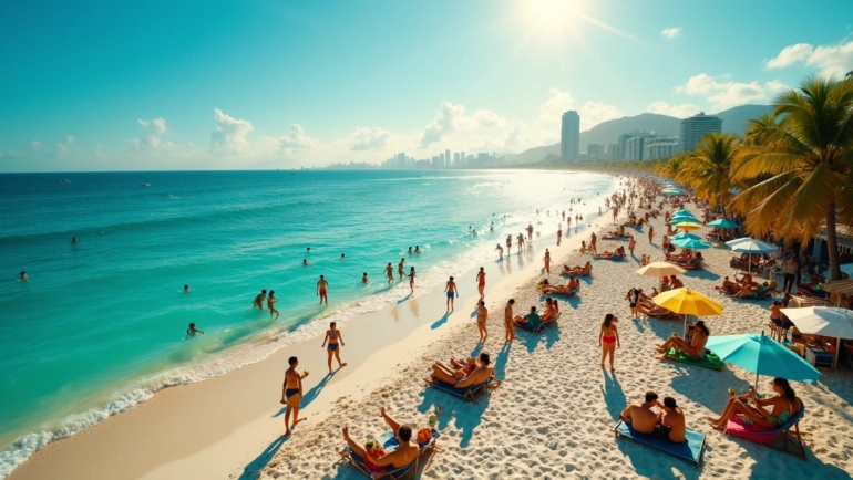 Praia tropical lotada no verão com foliões de Carnaval 2026 no Brasil