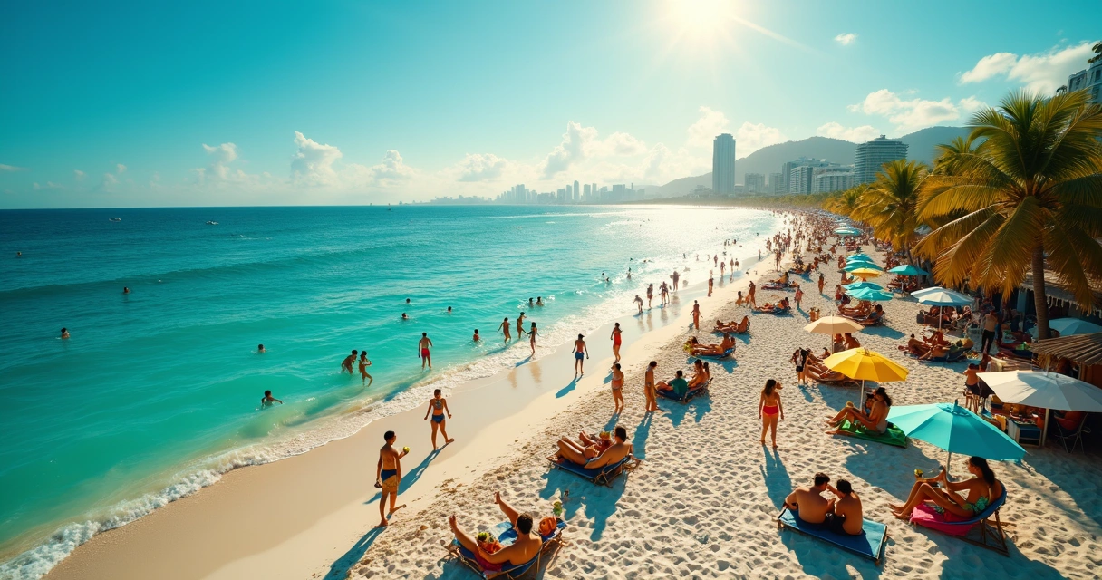 Praia tropical lotada no verão com foliões de Carnaval 2026 no Brasil