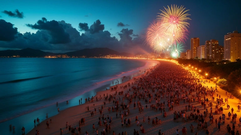 Vista aérea de praia lotada com queima de fogos na virada do ano