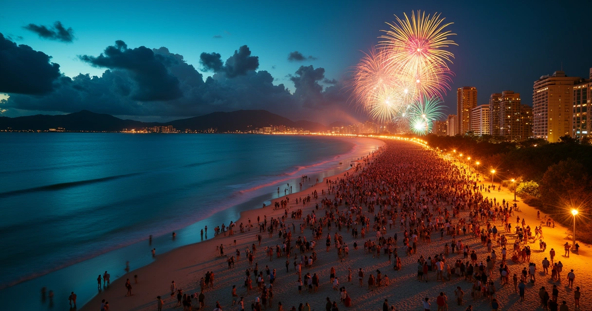 Vista aérea de praia lotada com queima de fogos na virada do ano