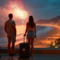 Casal observando queima de fogos de Réveillon na praia com malas de viagem ao lado