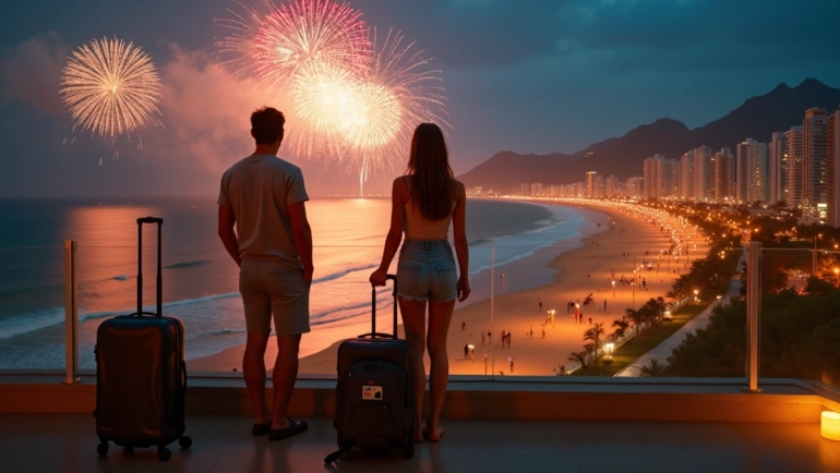 Casal observando queima de fogos de Réveillon na praia com malas de viagem ao lado