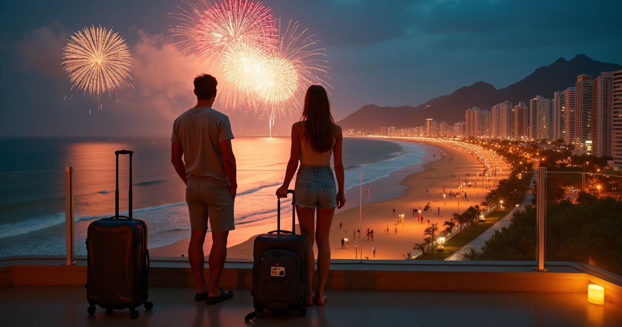 Casal observando queima de fogos de Réveillon na praia com malas de viagem ao lado