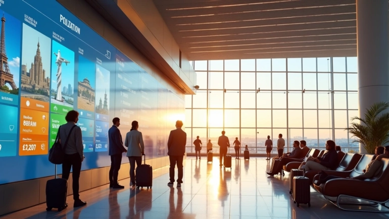 Viajantes observam um grande painel digital com destinos e ofertas de viagem para 2026