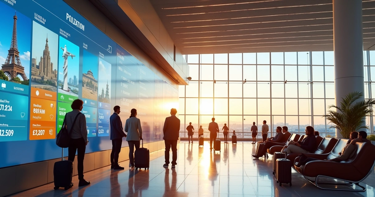 Viajantes observam um grande painel digital com destinos e ofertas de viagem para 2026