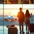 Casal observa mapa e passagens em aeroporto moderno antes de viagem internacional em feriado prolongado