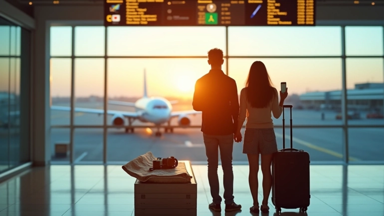 Casal observa mapa e passagens em aeroporto moderno antes de viagem internacional em feriado prolongado
